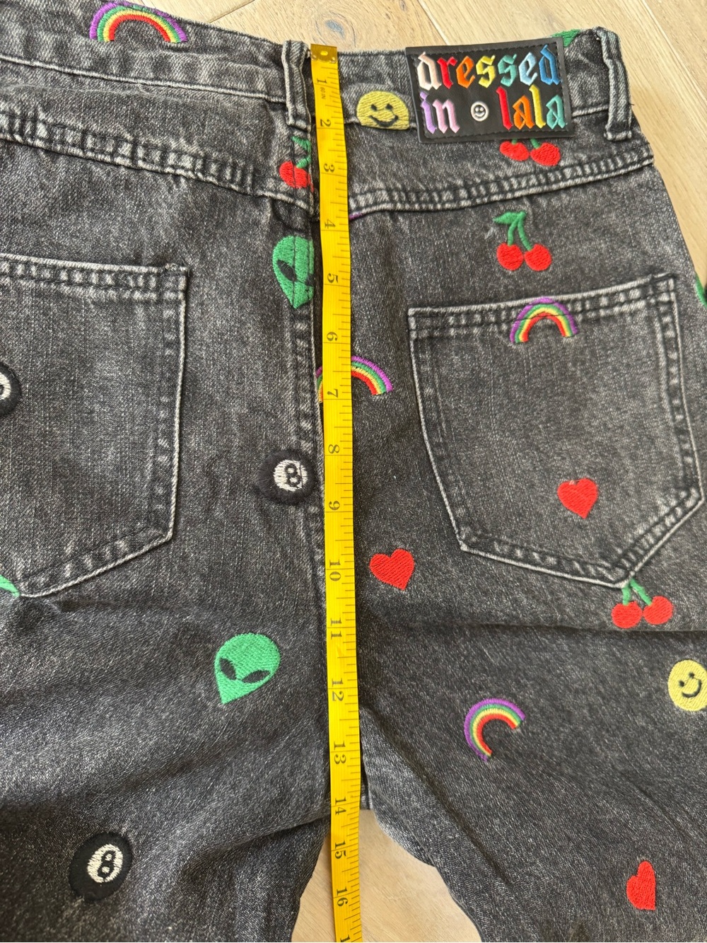Dressed in LALA Black Wide Leg Jeans with Red, Green, Yellow Embroidery - Picture 8 of 10